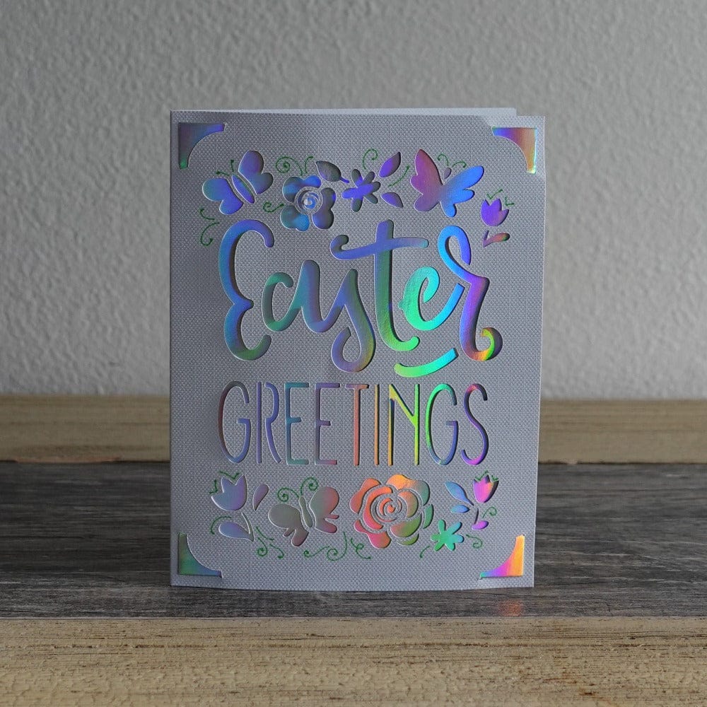 card with flower and butterflies that says easter greetings